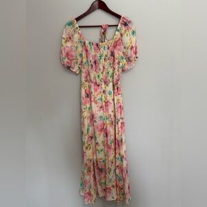 Indigo Rose Women’s Floral Spring Maxi Dress Smocked L Short Sleeve Cottagecore